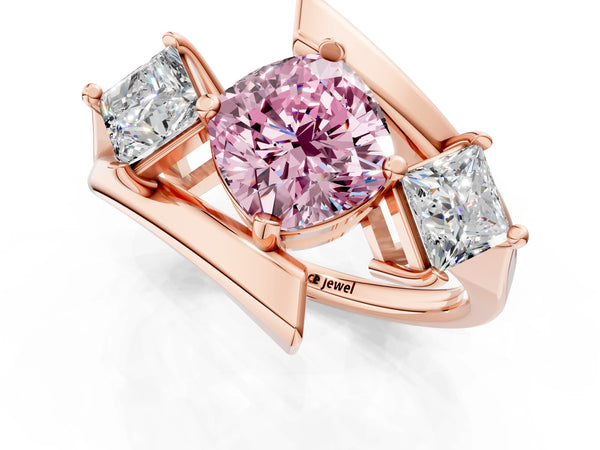 Rose gold Three-Stone Fancy Pink Cushion Cut Cut Tension Band Ring with Four-Prong Setting