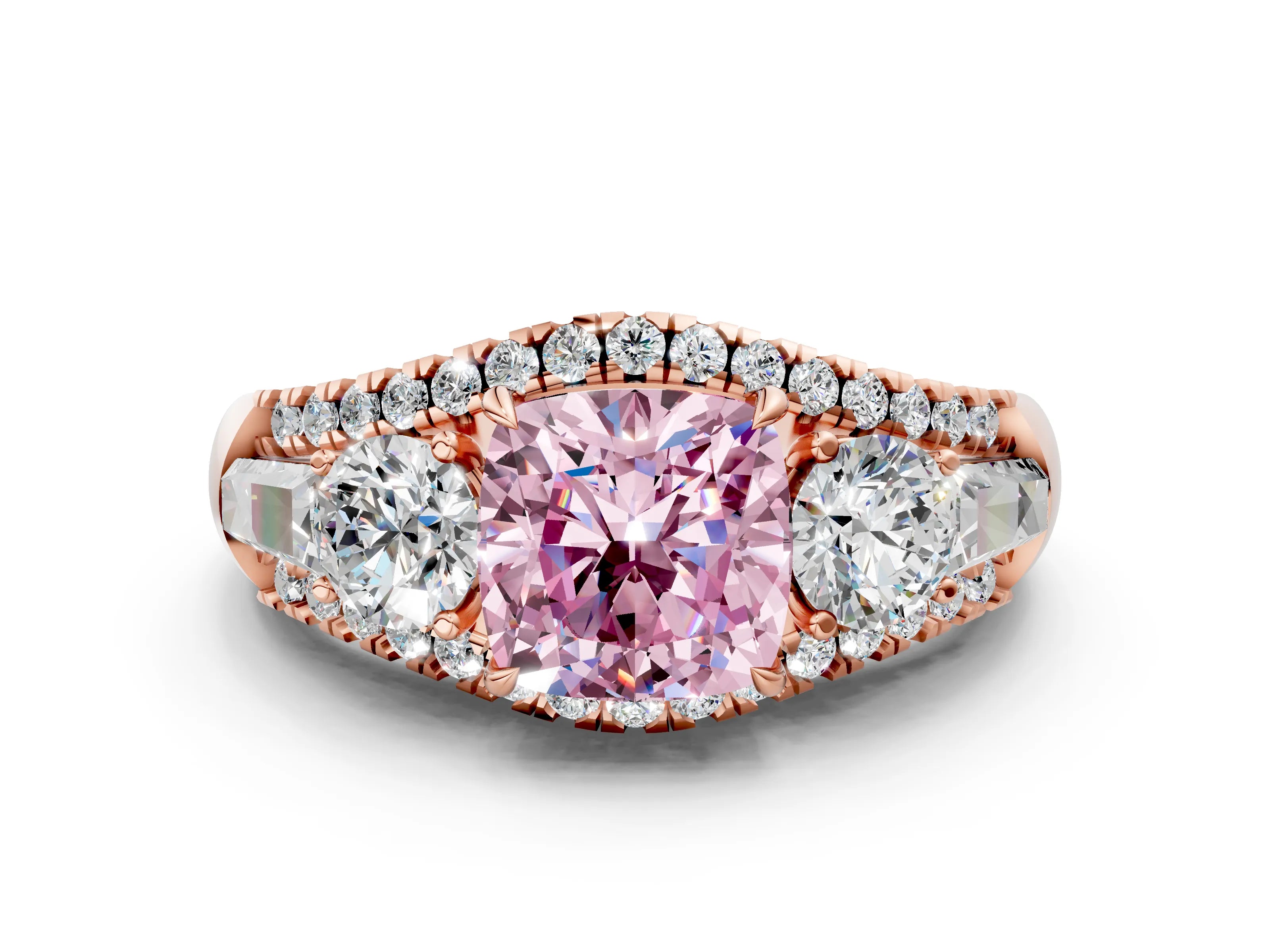 Rose gold Three-Stone Fancy Pink Cushion Cut Diamond Engagement Ring with Pave Band and Prong Setting_12