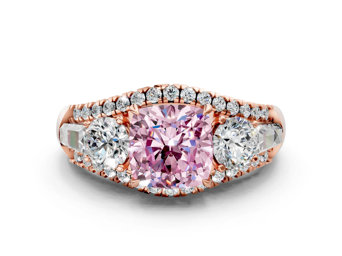 Rose gold Three-Stone Fancy Pink Cushion Cut Diamond Engagement Ring with Pave Band and Prong Setting_12