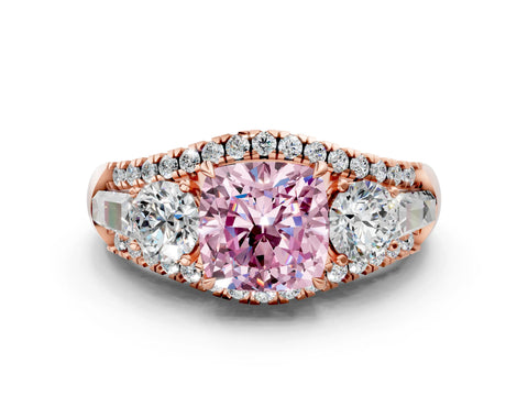 Rose gold Three-Stone Fancy Pink Cushion Cut Diamond Engagement Ring with Pave Band and Prong Setting_12