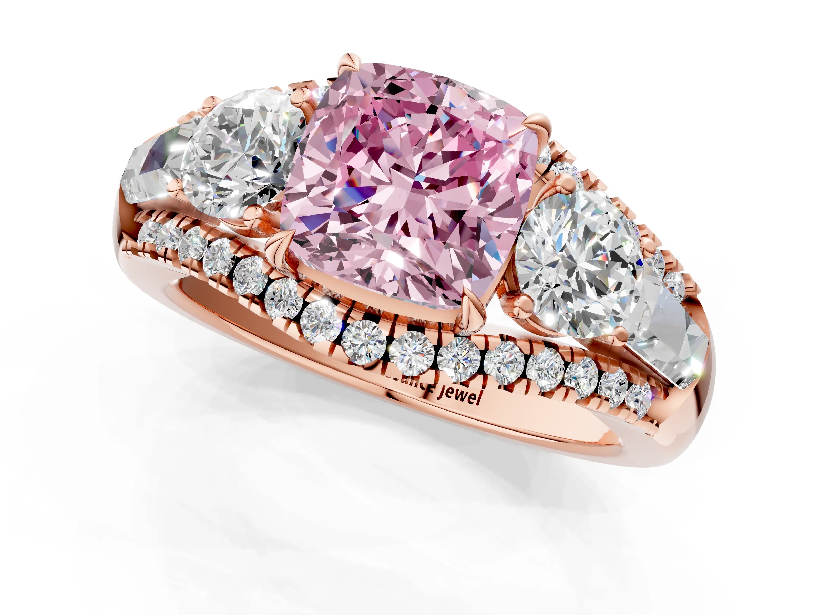 Rose gold Three-Stone Fancy Pink Cushion Cut Diamond Engagement Ring with Pave Band and Prong Setting_13