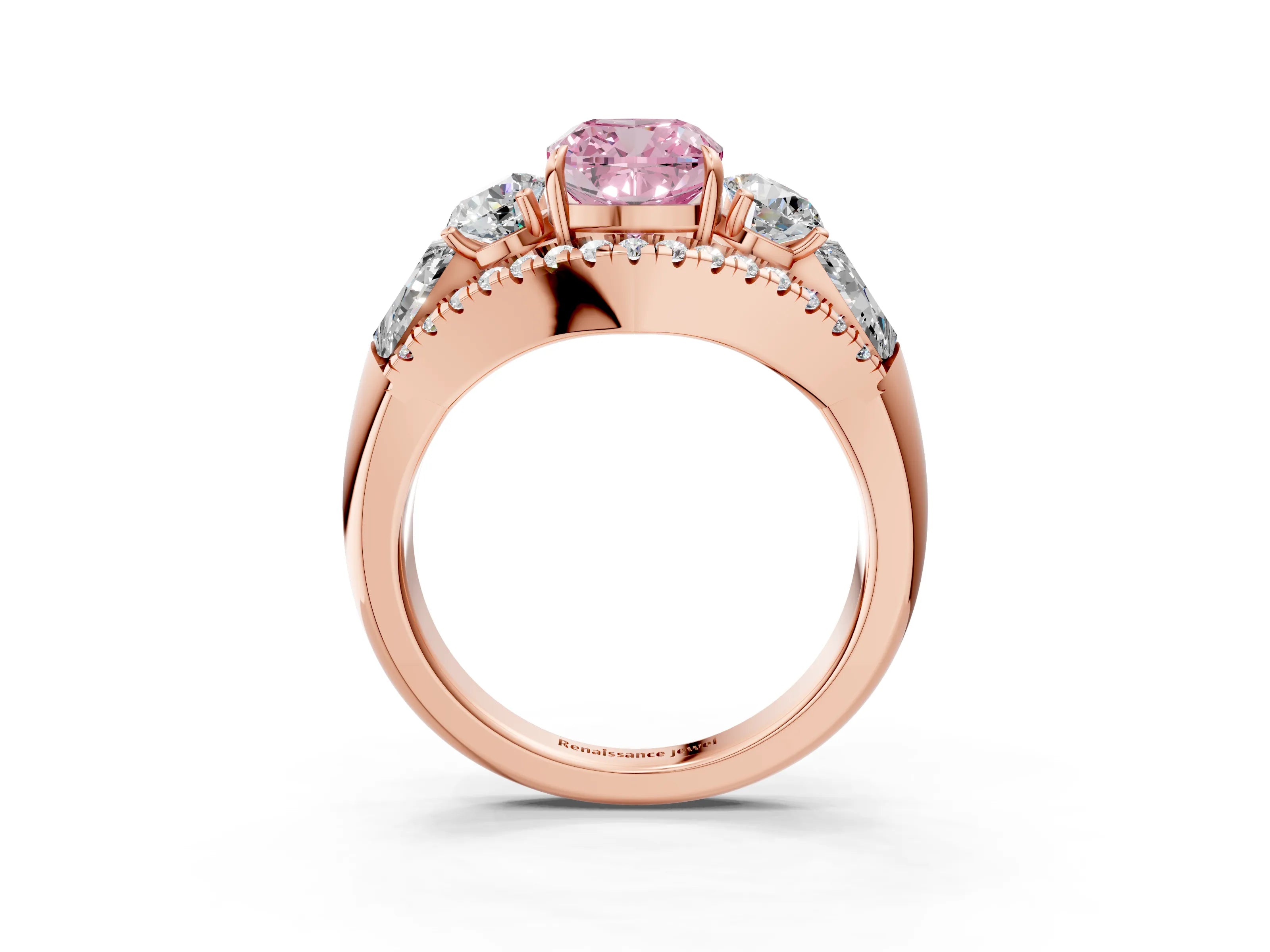 Rose gold Three-Stone Fancy Pink Cushion Cut Diamond Engagement Ring with Pave Band and Prong Setting_15