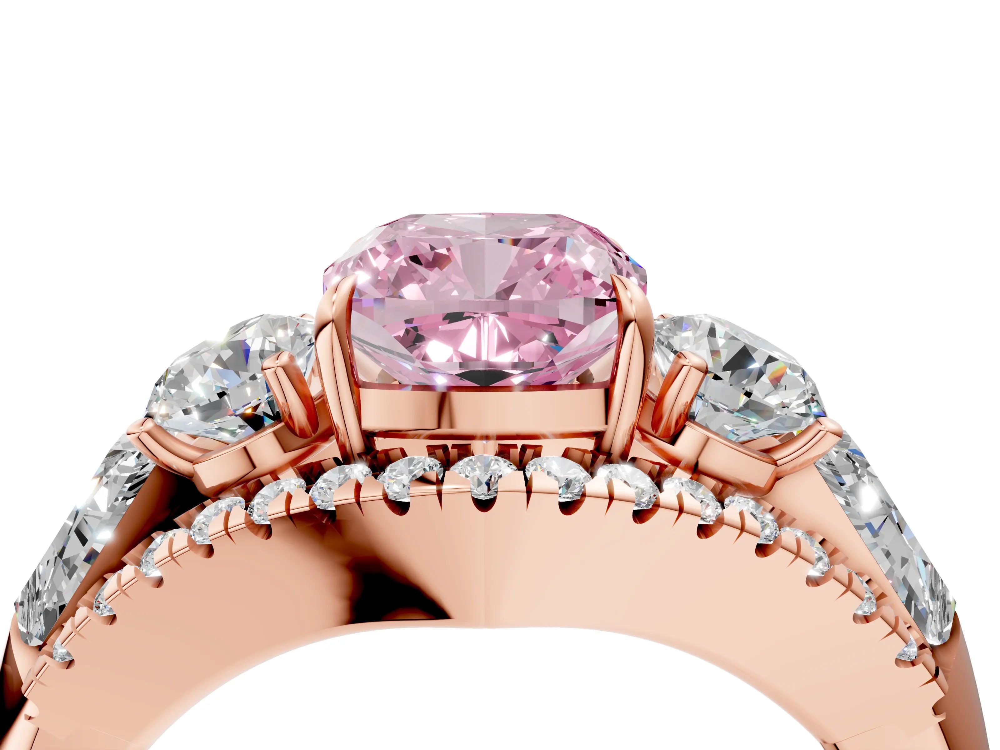 Rose gold Three-Stone Fancy Pink Cushion Cut Diamond Engagement Ring with Pave Band and Prong Setting_16
