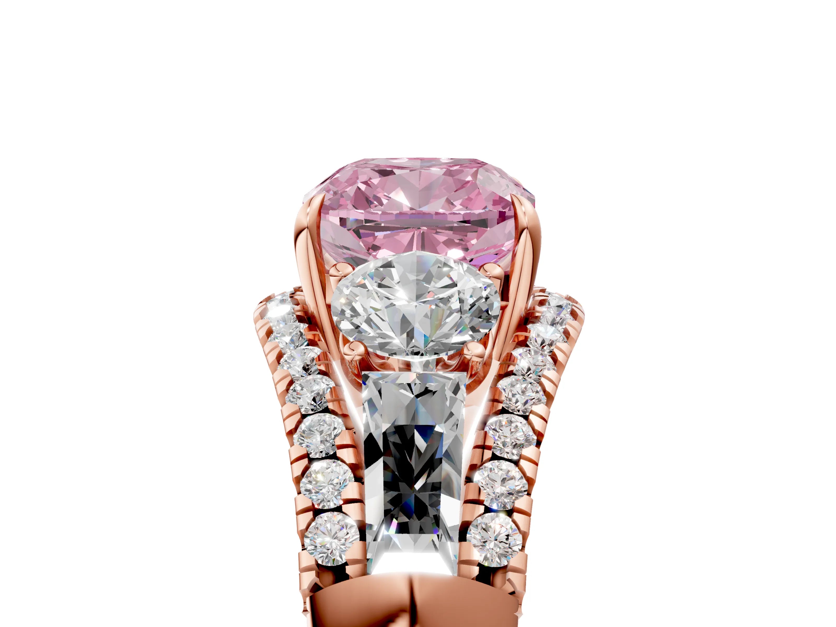 Rose gold Three-Stone Fancy Pink Cushion Cut Diamond Engagement Ring with Pave Band and Prong Setting_17