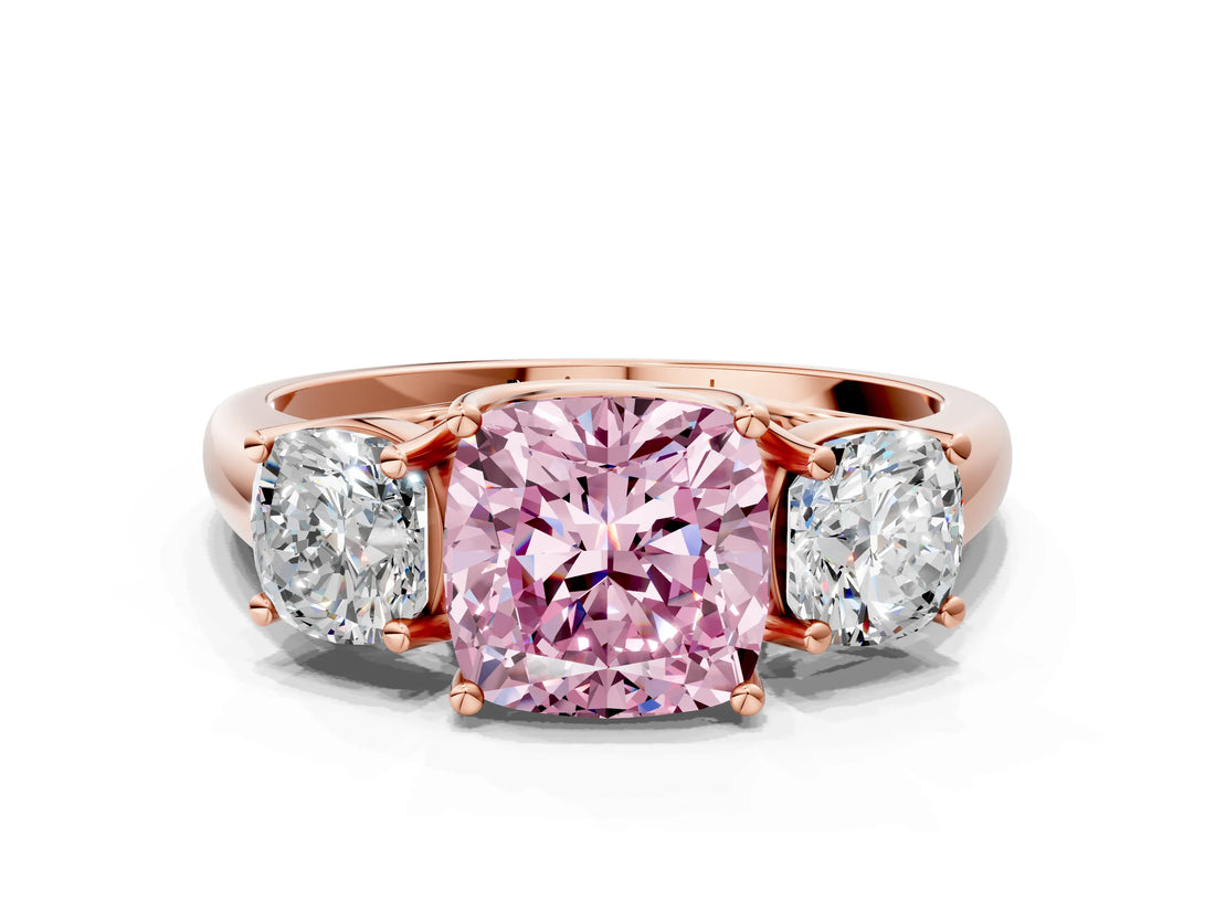 Rose gold Three-Stone Fancy Pink Cushion Cut Diamond Engagement Ring with Prong Setting_3
