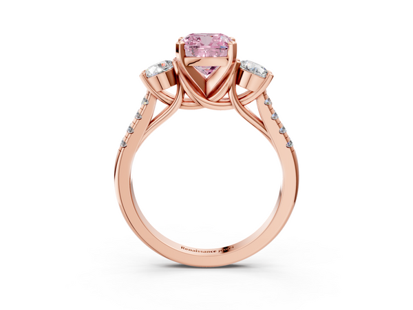Rose gold Three-Stone Fancy Pink Cushion Cut Diamond Pavé Band with Four-Prong Setting