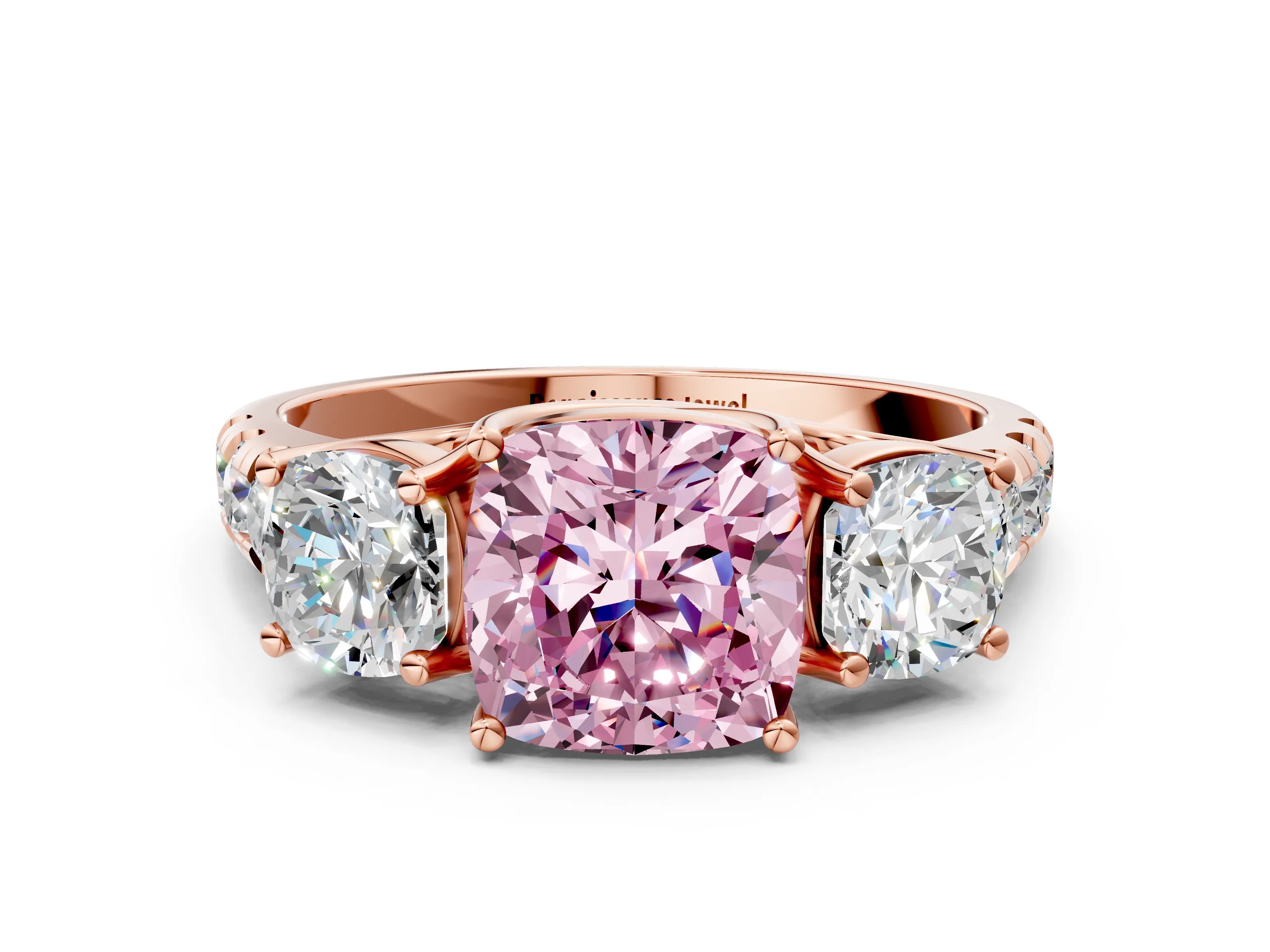 Rose gold Three-Stone Fancy Pink Cushion Cut Diamond Pavé Band with Prong Setting