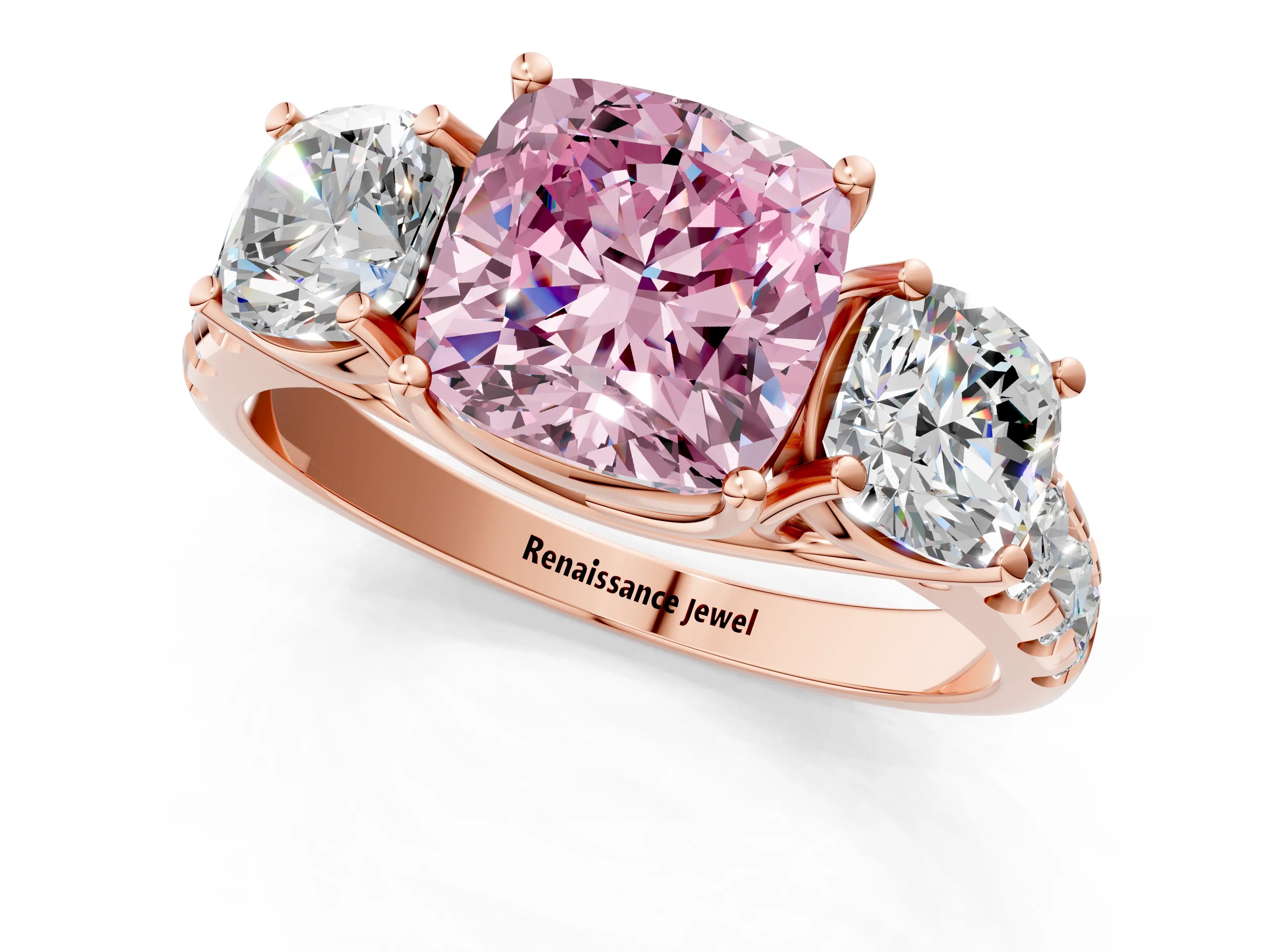 Rose gold Three-Stone Fancy Pink Cushion Cut Diamond Pavé Band with Prong Setting_1