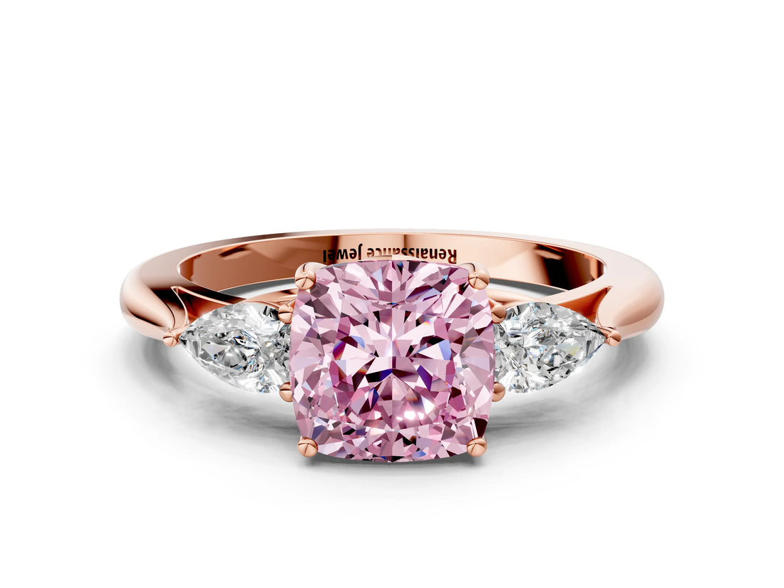 Rose gold Three-Stone Fancy Pink Cushion Cut Diamond Ring with Pear  Side Stones in Four-Prong Setting_48