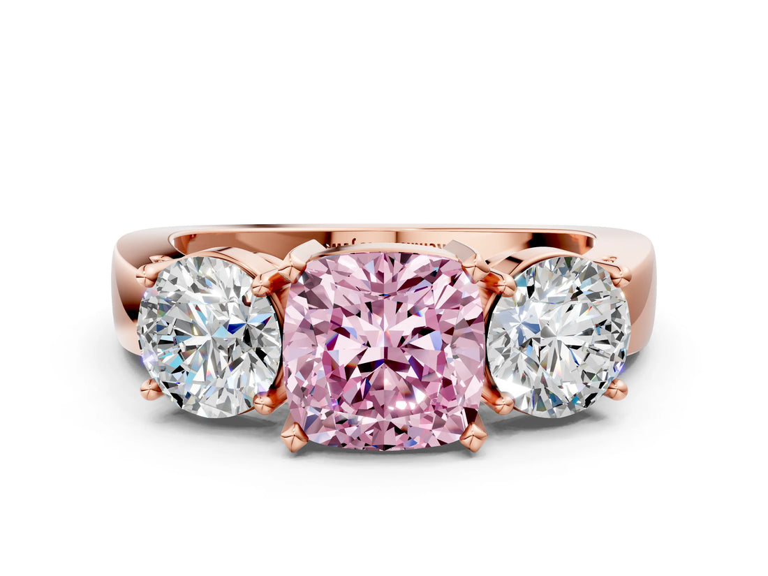 Rose gold Three-Stone Fancy Pink Cushion Cut Diamond Ring with Round Side Stones, Classic Band, and Four-Prong Setting