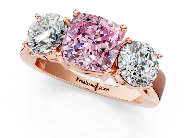 Rose gold Three-Stone Fancy Pink Cushion Cut Diamond Ring with Round Side Stones, Classic Band, and Four-Prong Setting