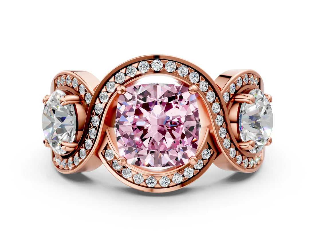 Rose gold Three-Stone Fancy Pink Cushion Cut Diamond Wave Pave Band with Prong Setting_6