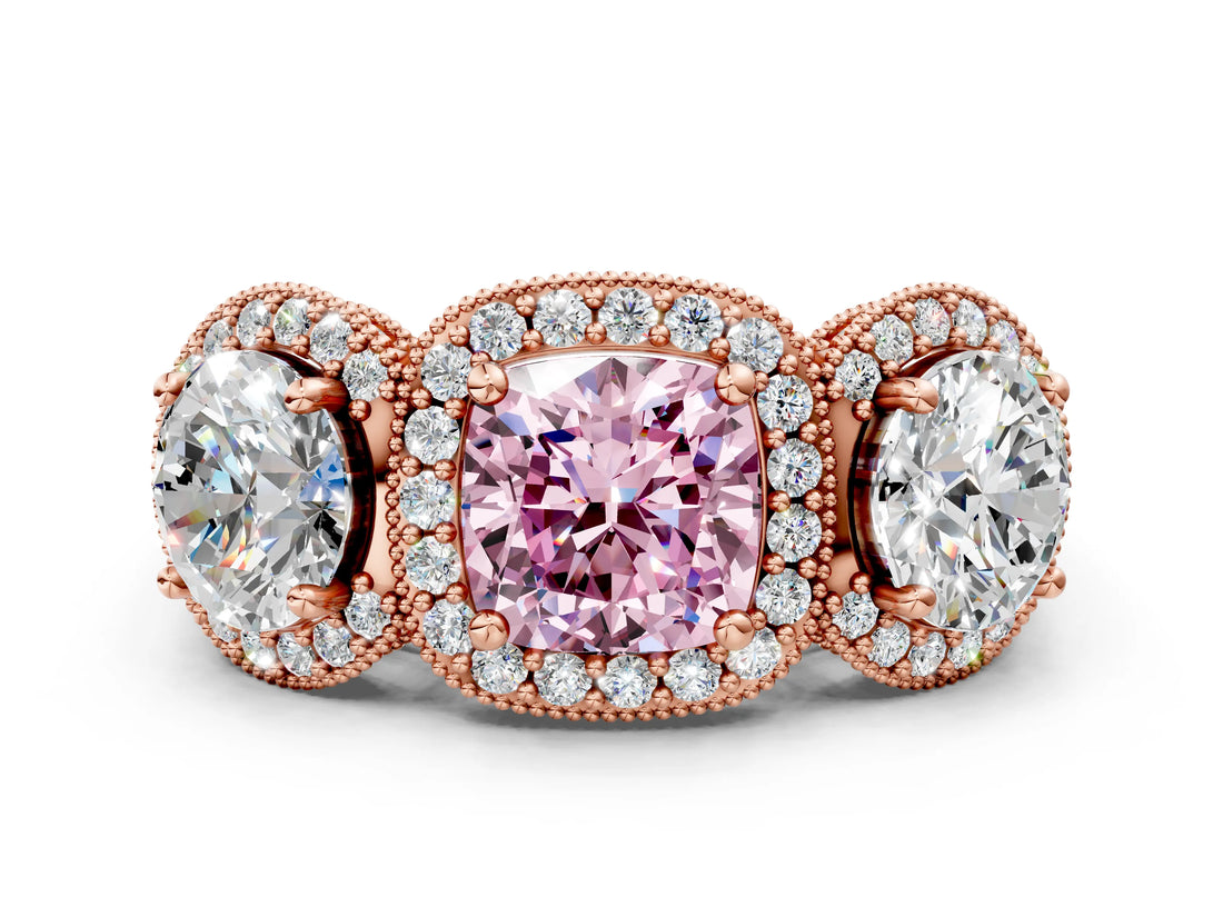Rose gold Three-Stone Fancy Pink Cushion Cut Halo Diamond Milgrain Band with Four-Prong Setting