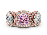 Rose gold Three-Stone Fancy Pink Cushion Cut Halo Diamond Milgrain Band with Four-Prong Setting