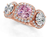 Rose gold Three-Stone Fancy Pink Cushion Cut Halo Diamond Milgrain Band with Four-Prong Setting_1