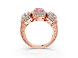 Rose gold Three-Stone Fancy Pink Cushion Cut Halo Diamond Milgrain Band with Four-Prong Setting_3