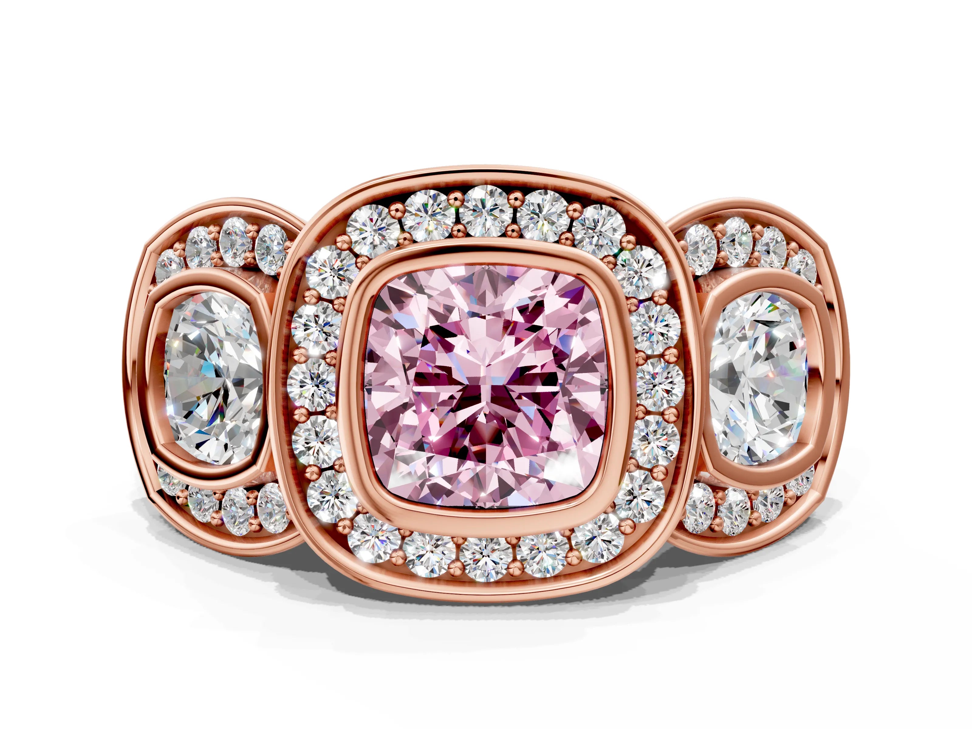 Rose gold Three-Stone Fancy Pink Cushion Cut Halo Pavé Diamond Ring