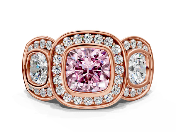 Rose Gold Cushion Cut Bezel Three Stone Halo Engagement Ring Setting for Fancy Pink Center