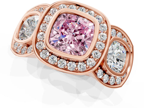 Rose gold Three-Stone Fancy Pink Cushion Cut Halo Pavé Diamond Ring_1