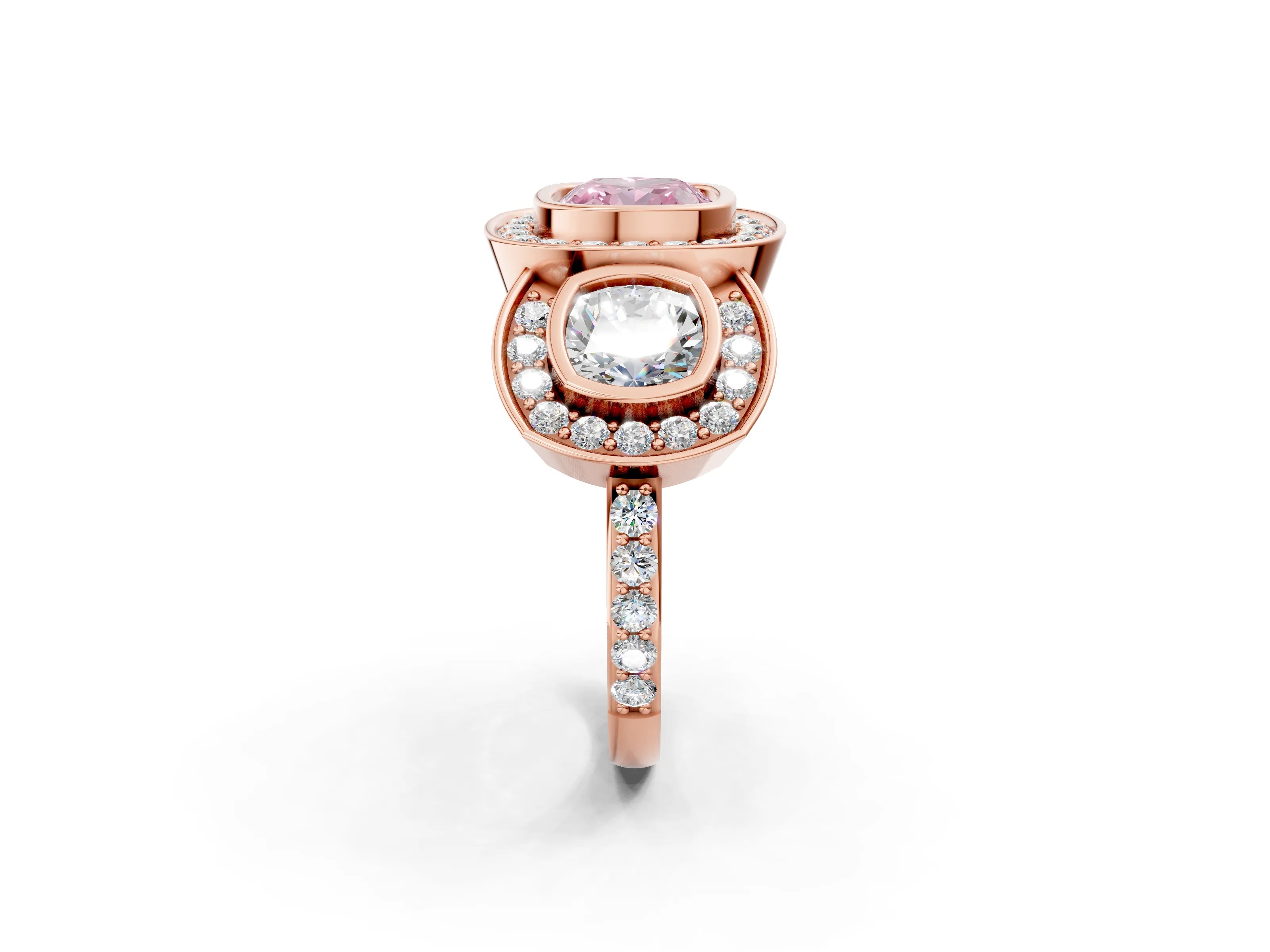 Rose gold Three-Stone Fancy Pink Cushion Cut Halo Pavé Diamond Ring_2