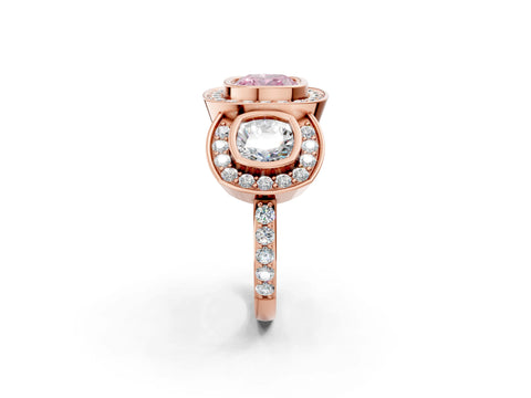Rose gold Three-Stone Fancy Pink Cushion Cut Halo Pavé Diamond Ring_2