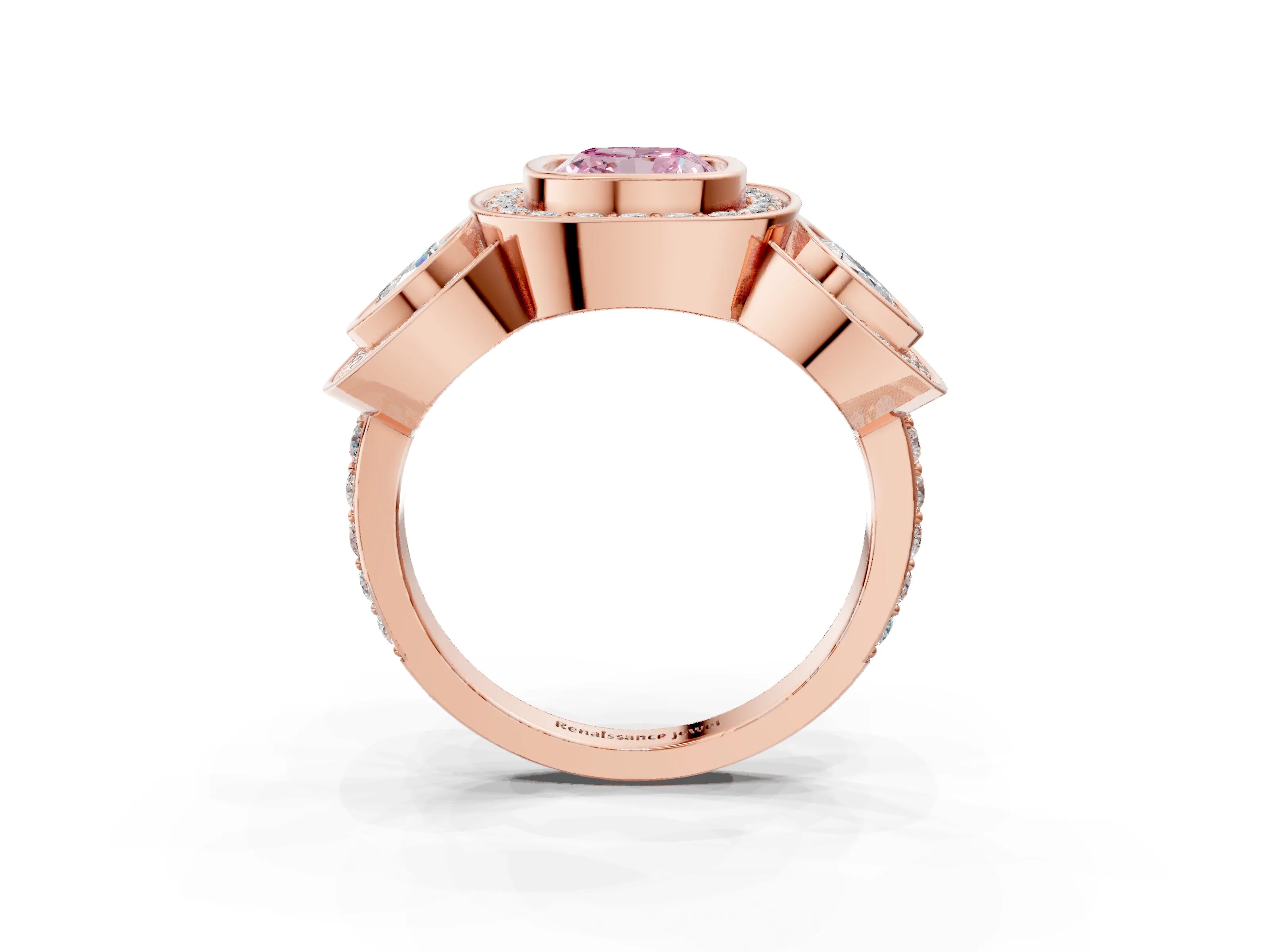 Rose gold Three-Stone Fancy Pink Cushion Cut Halo Pavé Diamond Ring_3
