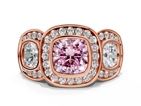 Rose gold Three-Stone Fancy Pink Cushion Cut Halo Pavé Diamond Ring