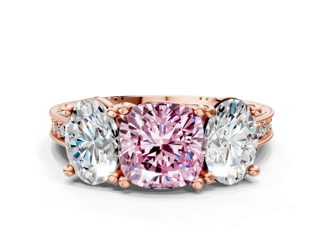 Rose gold Three-Stone Fancy Pink Cushion  Diamond Milgrain Pave Band with Prong Setting 1