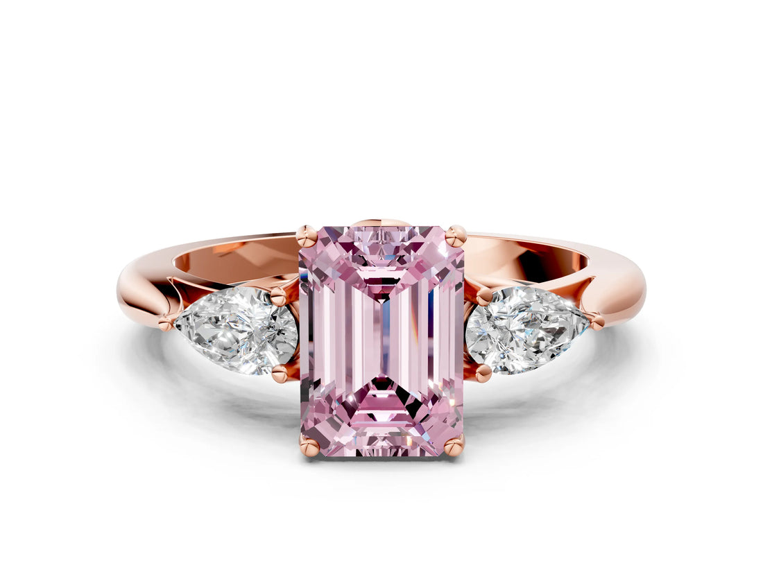 Rose gold Three-Stone Fancy Pink Emerald Cut Brilliant Diamond Solitaire Ring with Tapered Band and Four-Prong Setting_6