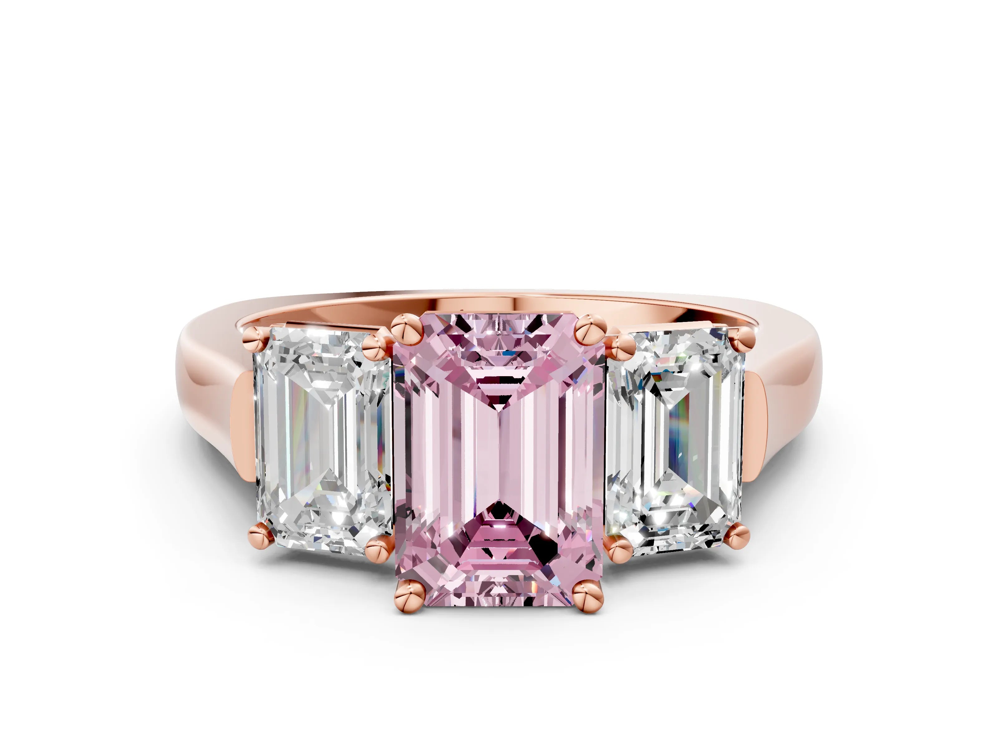 Rose gold Three-Stone Fancy Pink Emerald Cut Brilliant Diamond Trellis Ring with Comfort Fit Band