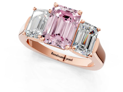 Rose gold Three-Stone Fancy Pink Emerald Cut Brilliant Diamond Trellis Ring with Comfort Fit Band_1