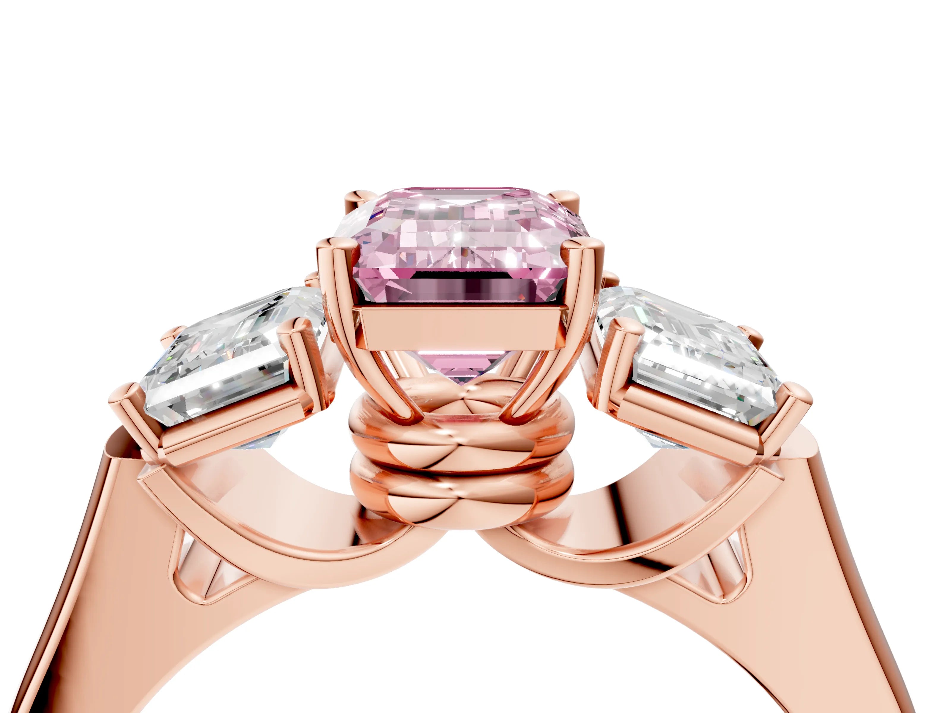 Rose gold Three-Stone Fancy Pink Emerald Cut Brilliant Diamond Trellis Ring with Comfort Fit Band_4