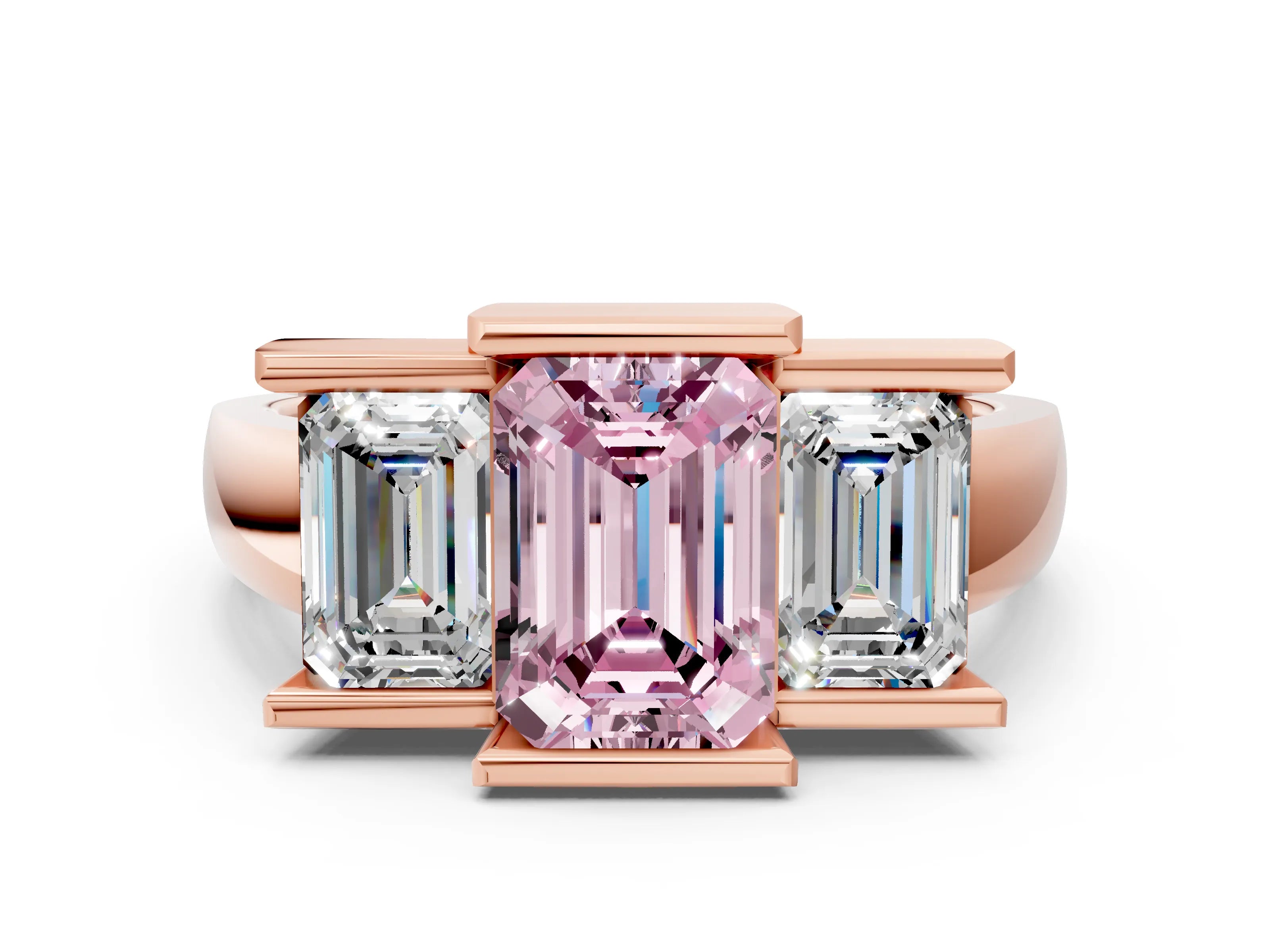 Rose gold Three Stone Fancy Pink Emerald Cut Cut Channel Set Diamond Ring