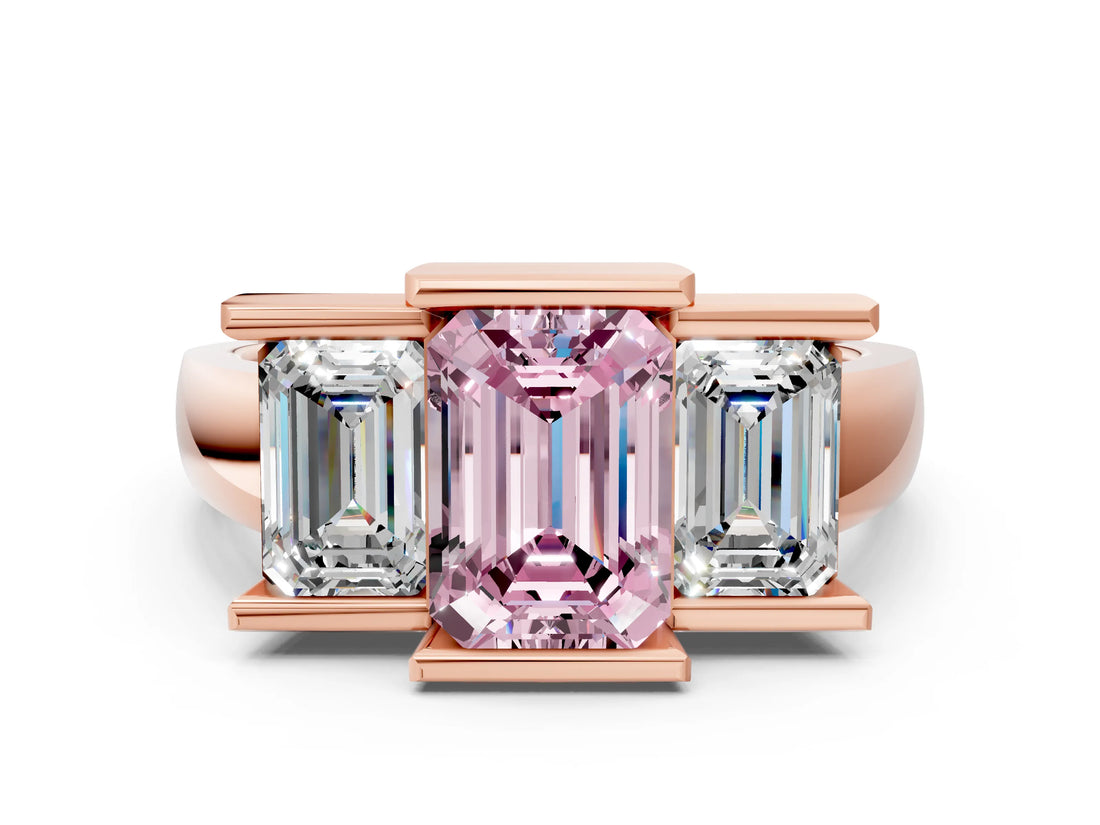 Rose gold Three Stone Fancy Pink Emerald Cut Cut Channel Set Diamond Ring