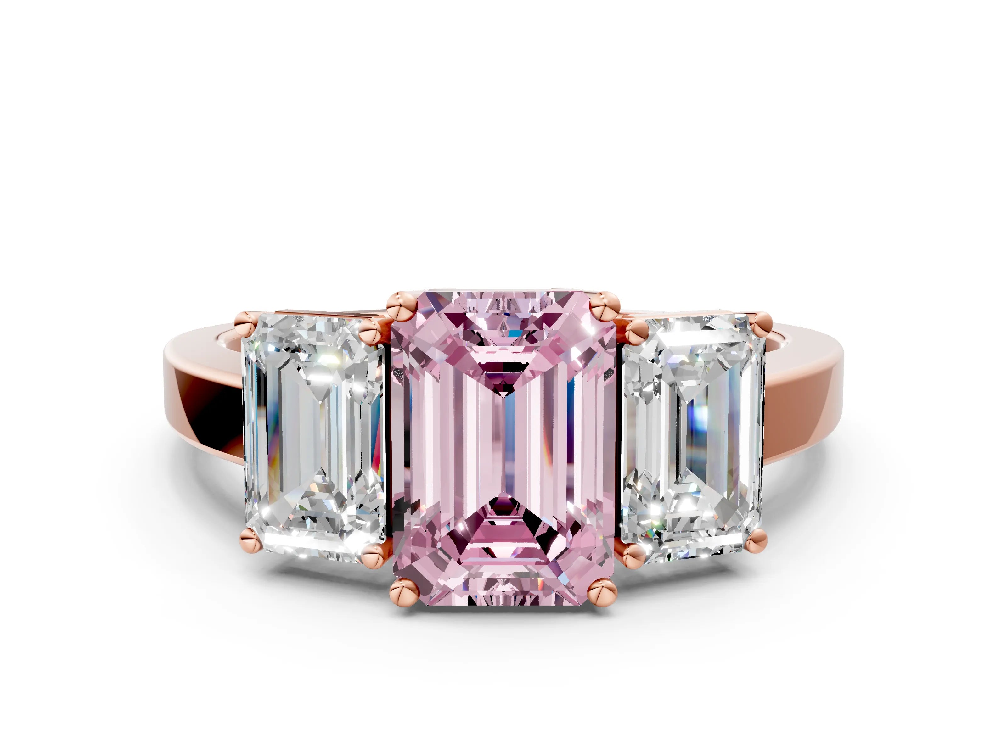 Rose gold Three-Stone Fancy Pink Emerald Cut Cut Diamond Engagement Ring with Flat Band and Four-Prong Setting