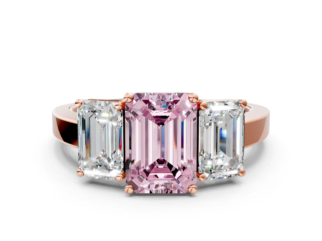 Rose gold Three-Stone Fancy Pink Emerald Cut Cut Diamond Engagement Ring with Flat Band and Four-Prong Setting_12