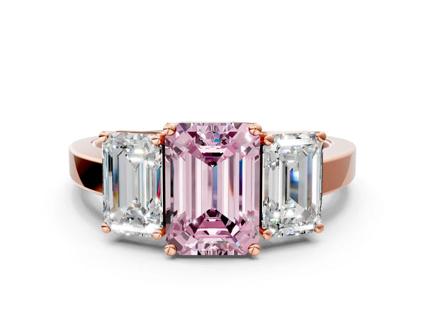 Rose gold Three-Stone Fancy Pink Emerald Cut Cut Diamond Engagement Ring with Flat Band and Four-Prong Setting