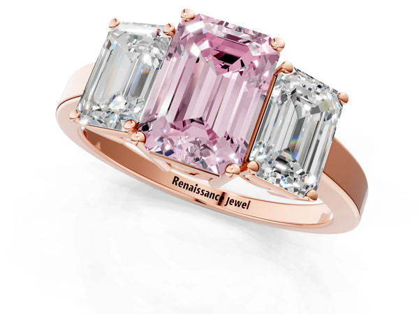 Rose gold Three-Stone Fancy Pink Emerald Cut Cut Diamond Engagement Ring with Flat Band and Four-Prong Setting