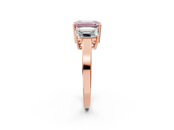 Rose gold Three-Stone Fancy Pink Emerald Cut Cut Diamond Engagement Ring with Flat Band and Four-Prong Setting