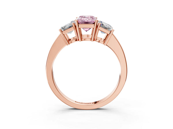 Rose gold Three-Stone Fancy Pink Emerald Cut Cut Diamond Engagement Ring with Flat Band and Four-Prong Setting