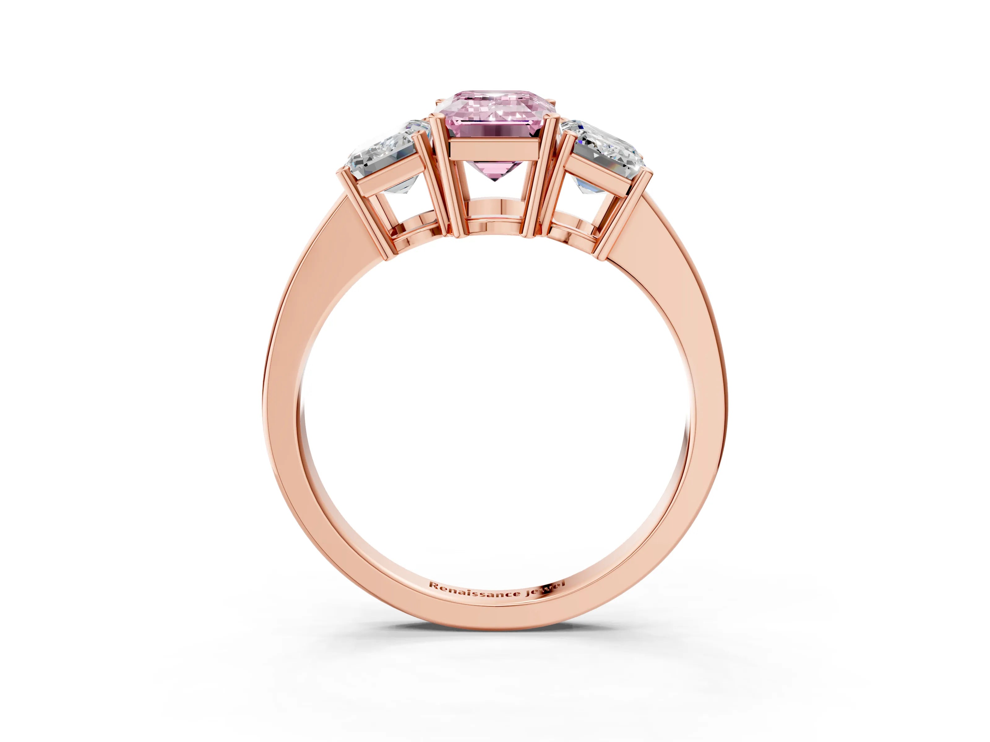 Rose gold Three-Stone Fancy Pink Emerald Cut Cut Diamond Engagement Ring with Flat Band and Four-Prong Setting_3
