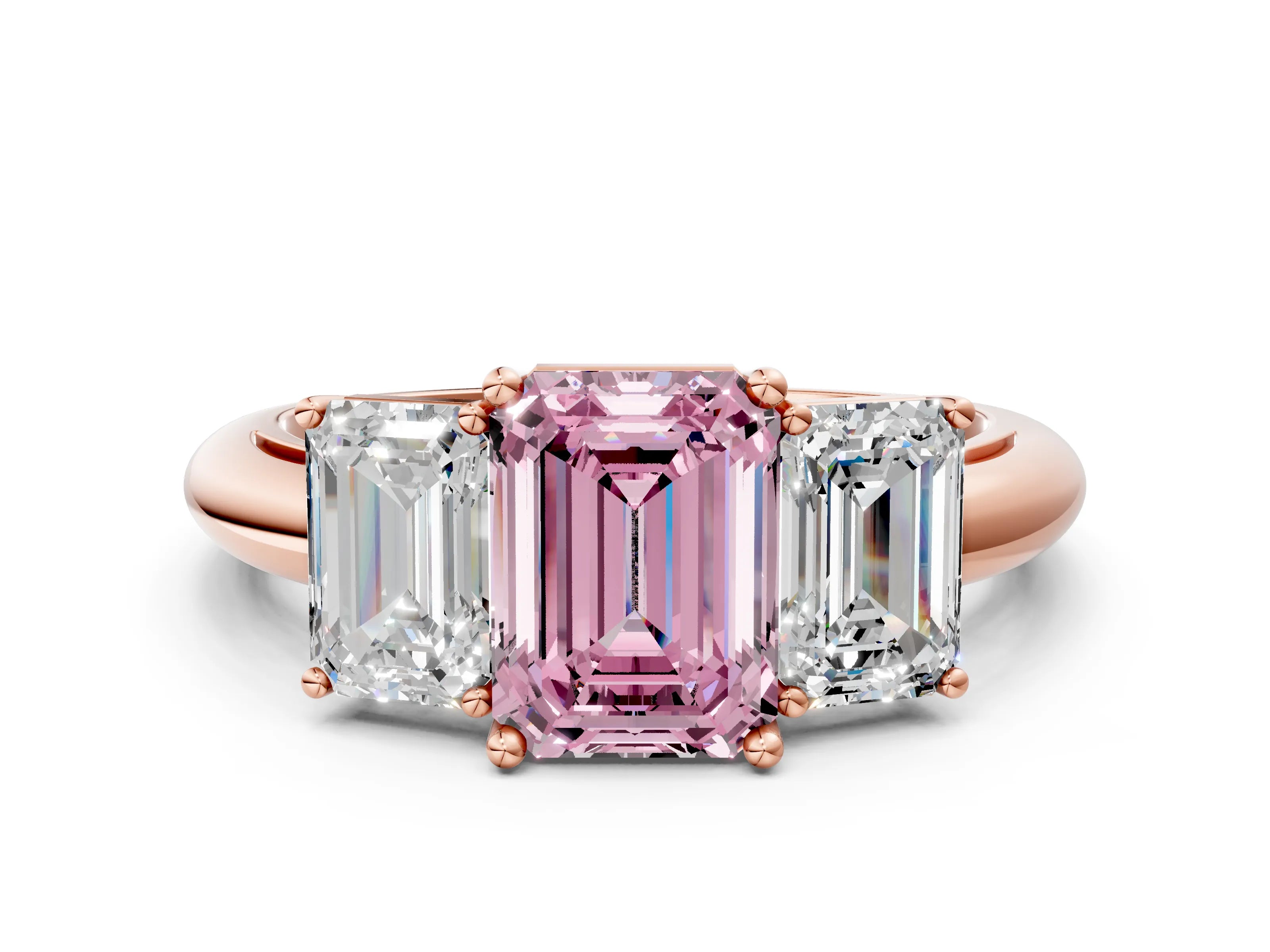 Rose gold Three-Stone Fancy Pink Emerald Cut Cut Diamond Engagement Ring with Prong Setting on a White Gold Band