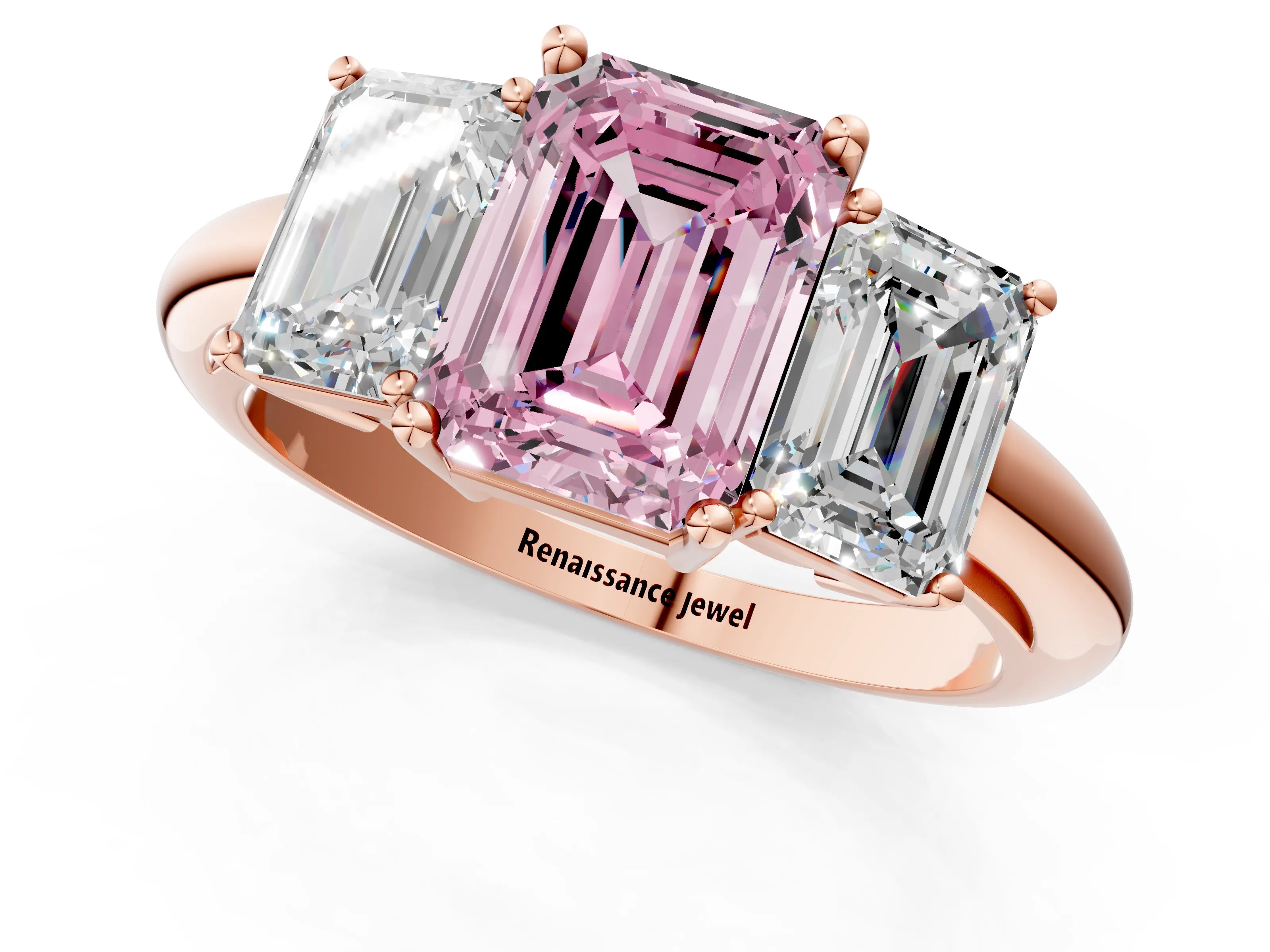 Rose gold Three-Stone Fancy Pink Emerald Cut Cut Diamond Engagement Ring with Prong Setting on a White Gold Band_1