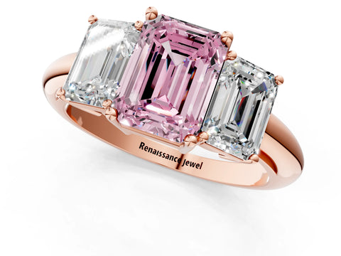 Rose gold Three-Stone Fancy Pink Emerald Cut Cut Diamond Engagement Ring with Prong Setting on a White Gold Band_1