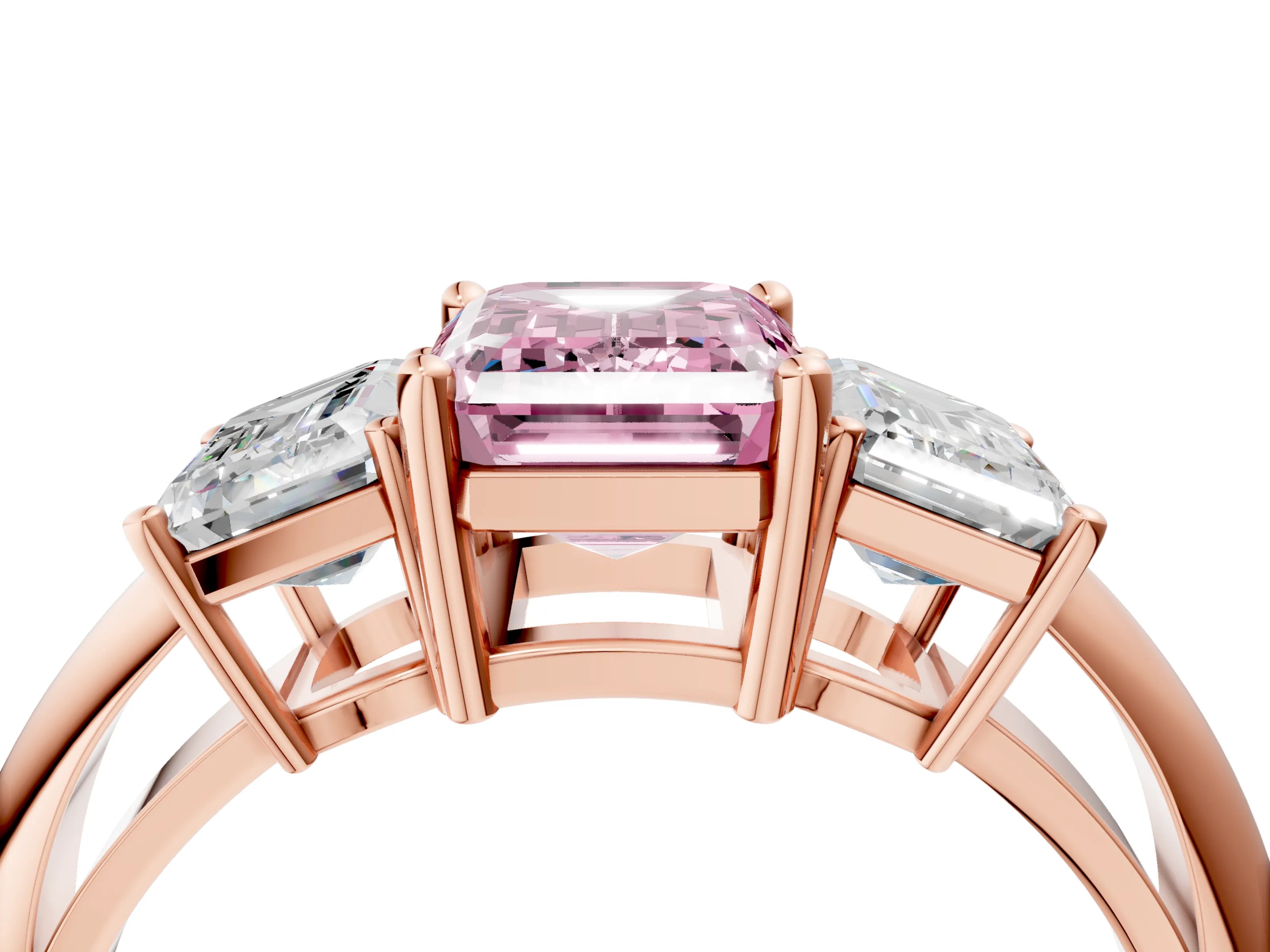 Rose gold Three-Stone Fancy Pink Emerald Cut Cut Diamond Engagement Ring with Prong Setting on a White Gold Band_4