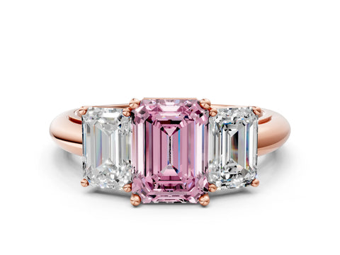 Rose gold Three-Stone Fancy Pink Emerald Cut Cut Diamond Engagement Ring with Prong Setting on a White Gold Band
