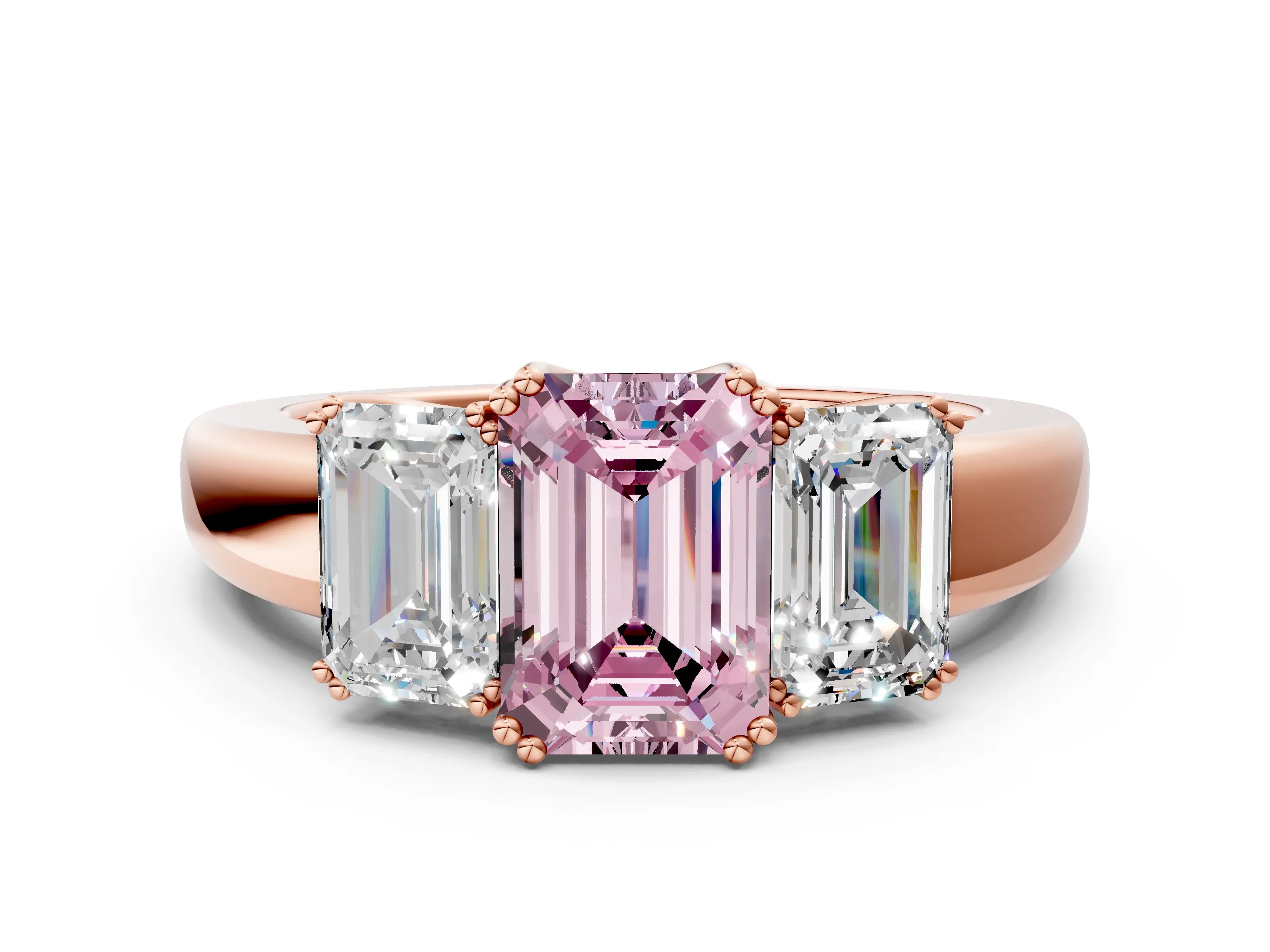 Rose gold Three-Stone Fancy Pink Emerald Cut Cut Diamond Ring with Channel Set Band and Four-Prong Setting