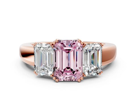 Rose gold Three-Stone Fancy Pink Emerald Cut Cut Diamond Ring with Channel Set Band and Four-Prong Setting