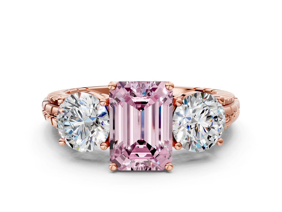 Rose gold Three-Stone Fancy Pink Emerald Cut Cut Diamond Ring with Channel-Set Band and Prong Setting