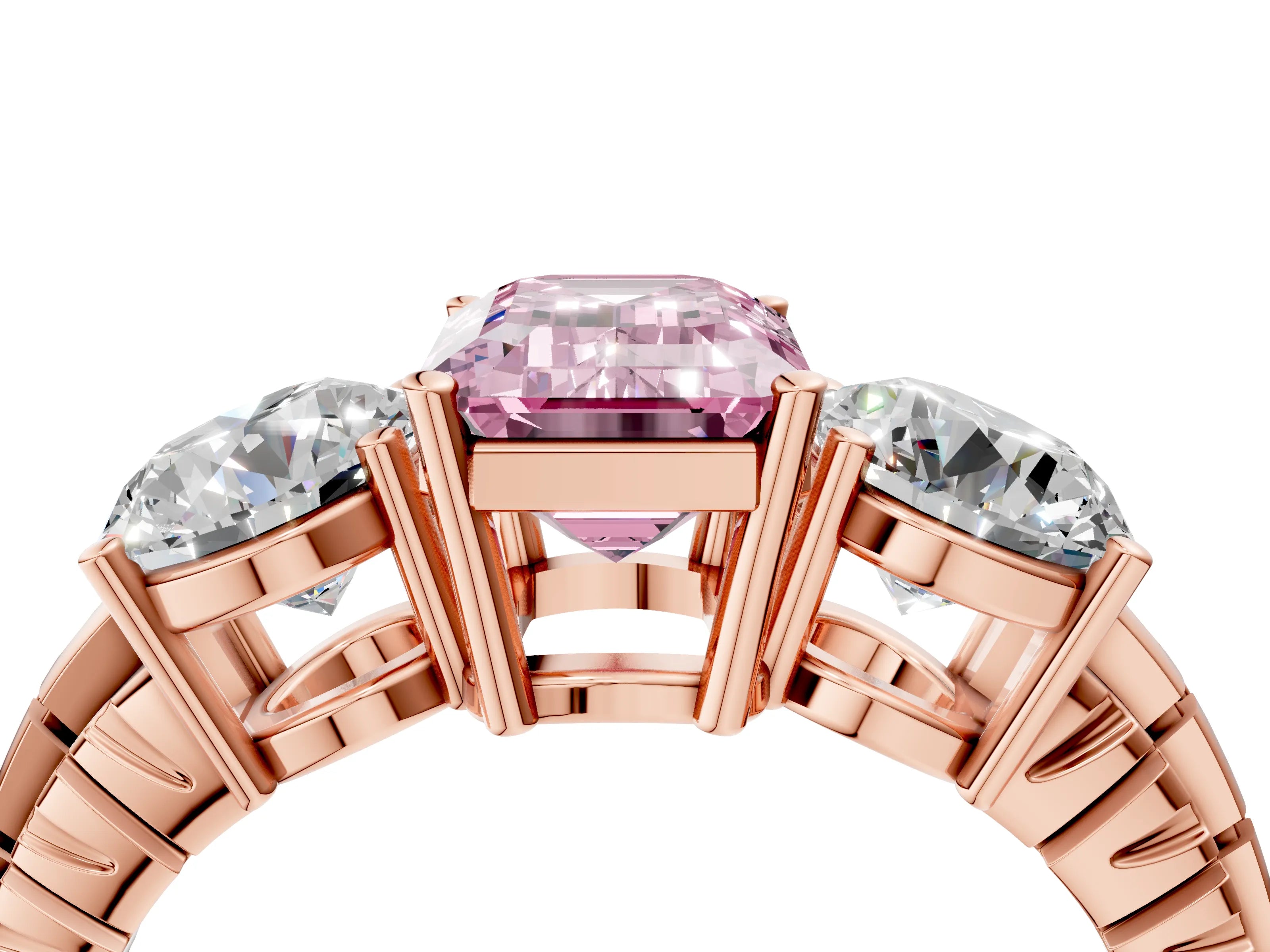 Rose gold Three-Stone Fancy Pink Emerald Cut Cut Diamond Ring with Channel-Set Band and Prong Setting_4